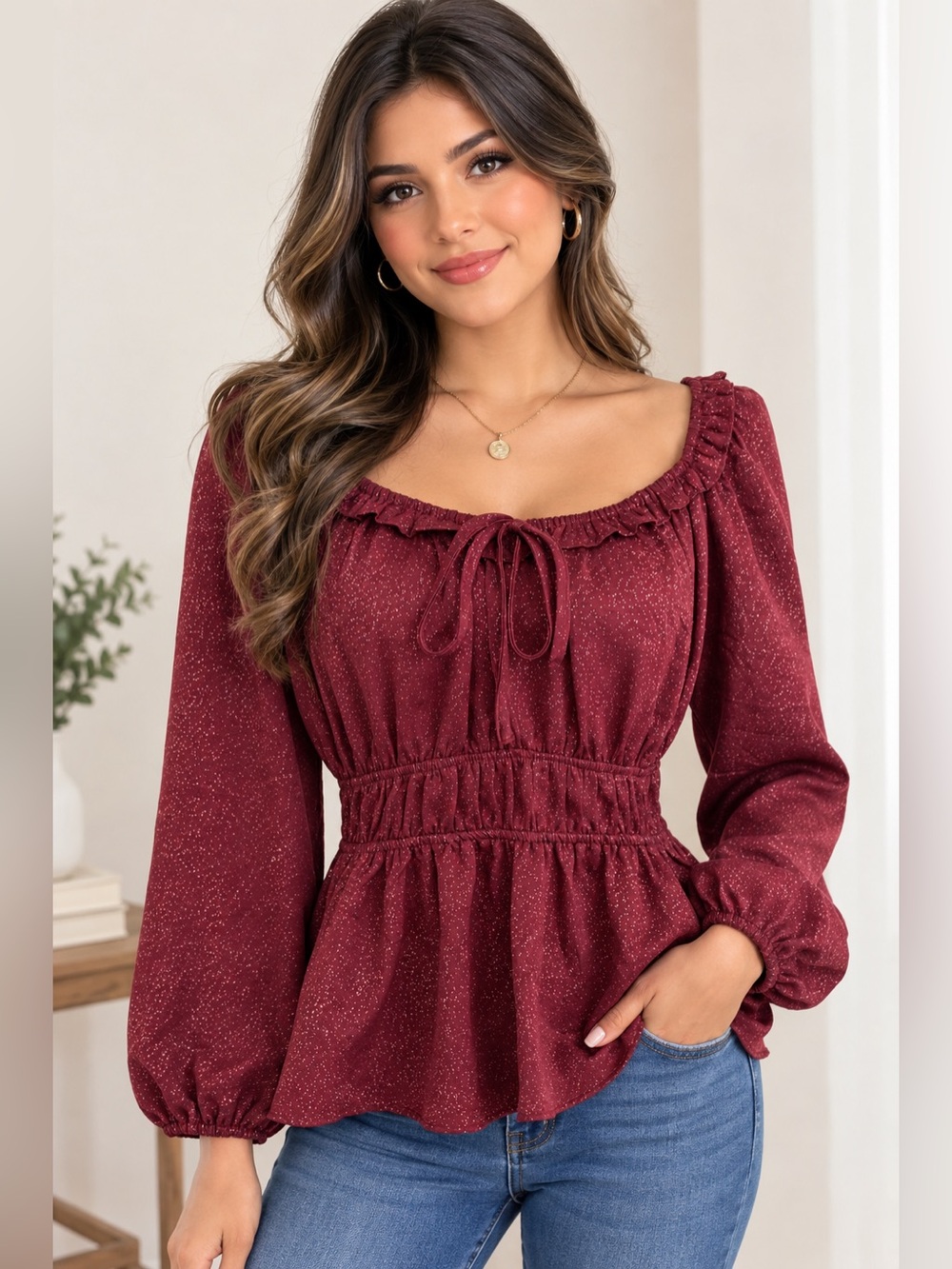 Blu Pepper Peasant Blouse - Elegant Ruffled Neckline